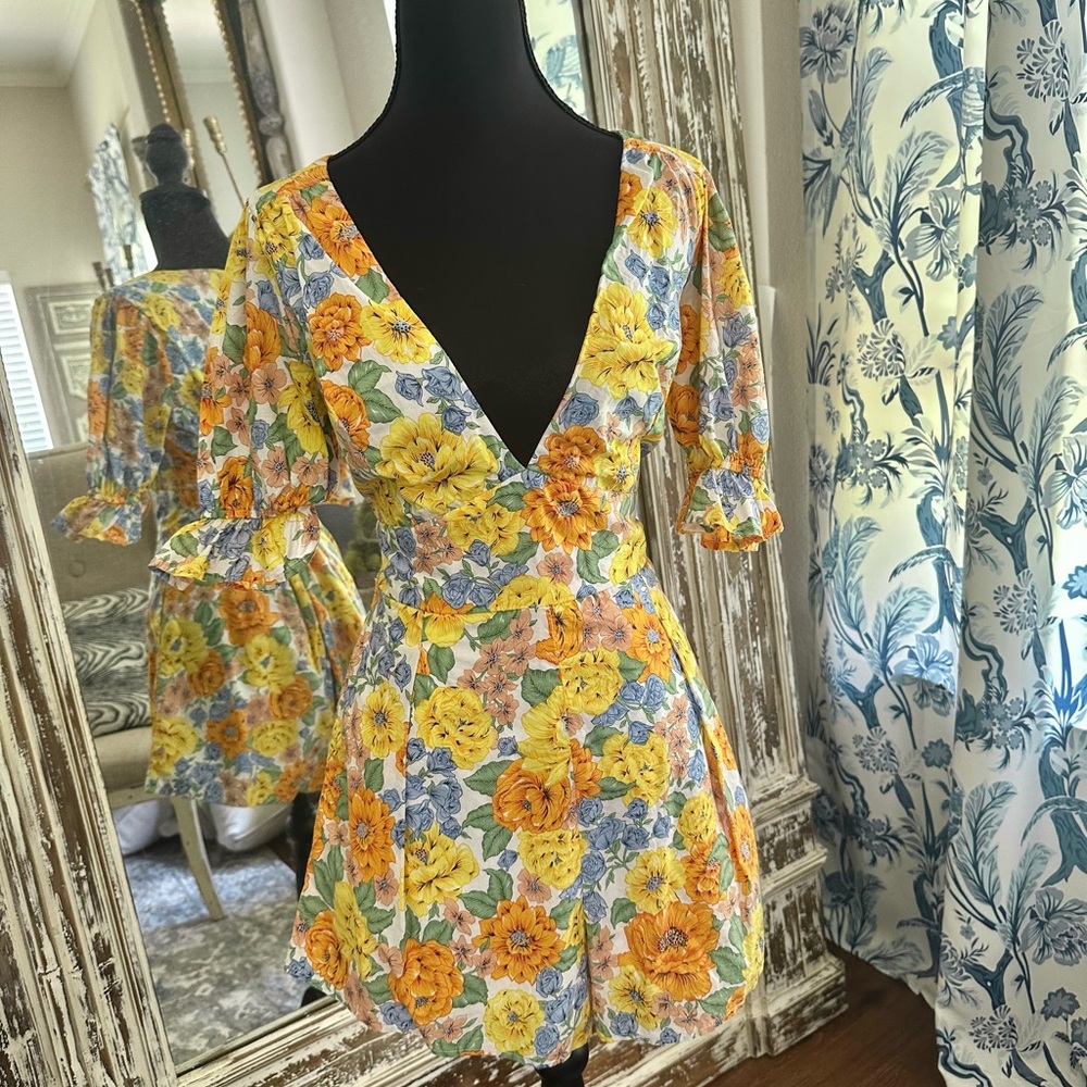 Yellow and Orange Plunge Neck Jumpsuit with 3/4 Bell Sleeves